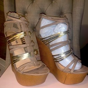 Brand New Tan and Gold Wedges
